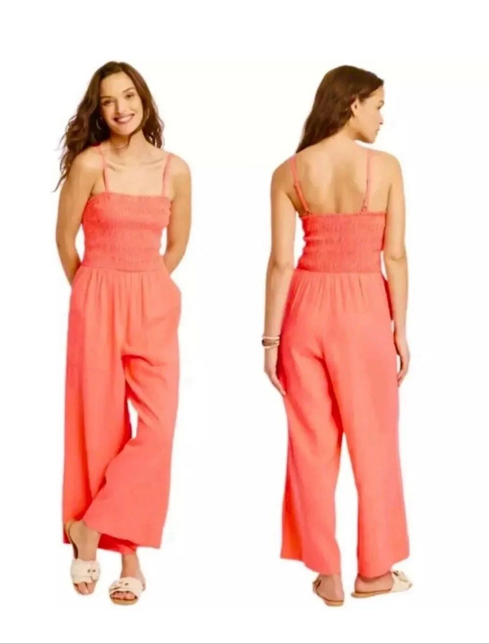 NWT coral smocked linen jumpsuit women’s medium